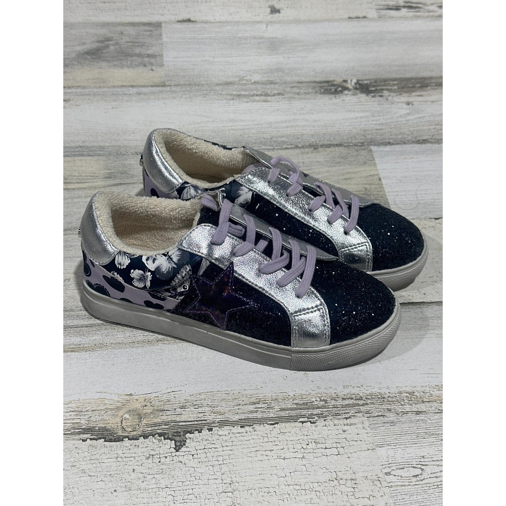 Steve Madden Sneakers Girls Size 4 Black Silver Glitter Star Floral NWT